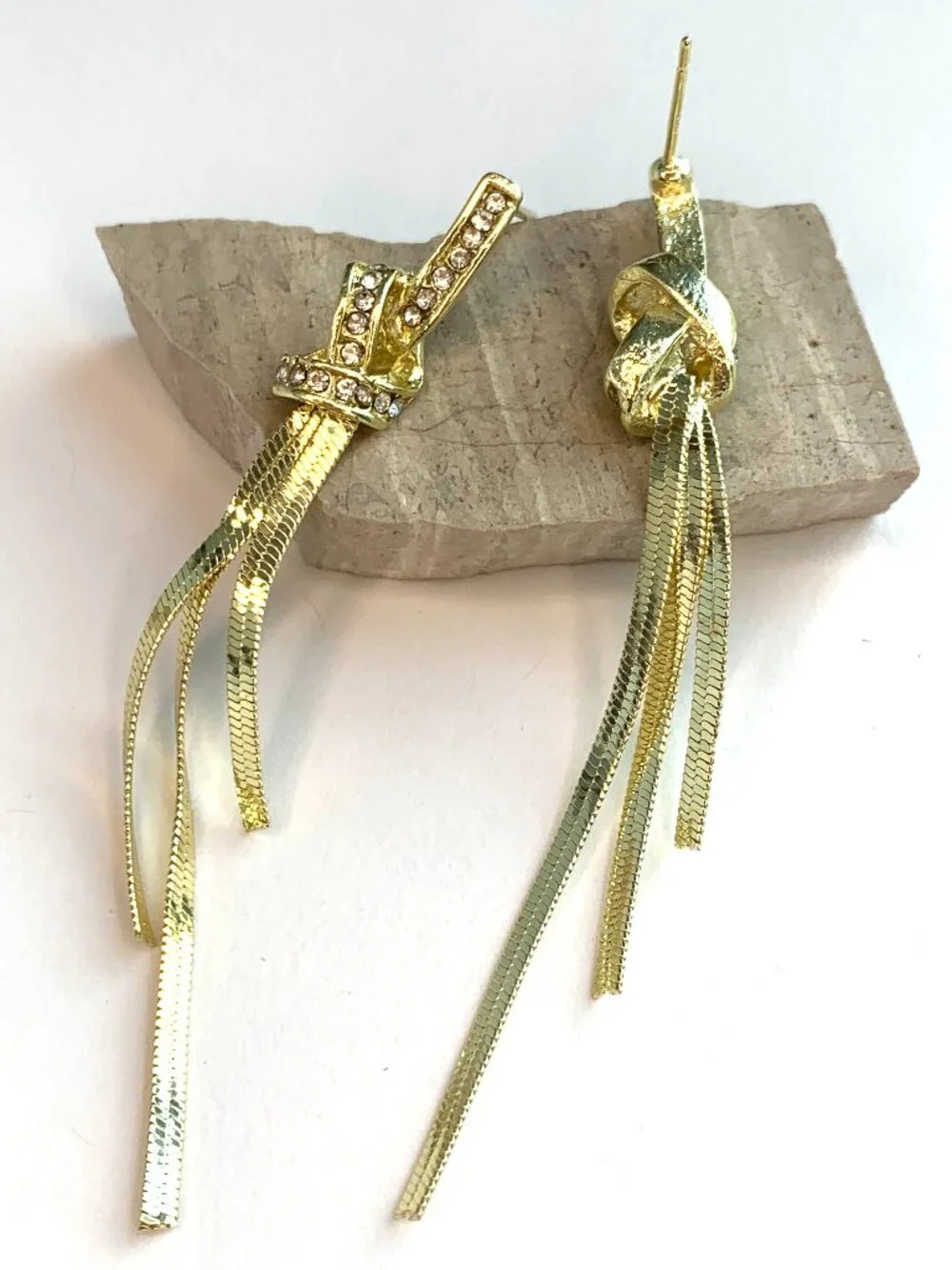 NEW~ Anthropologie Crystal Encrusted Knot Long Fringe Gold Earrings_4